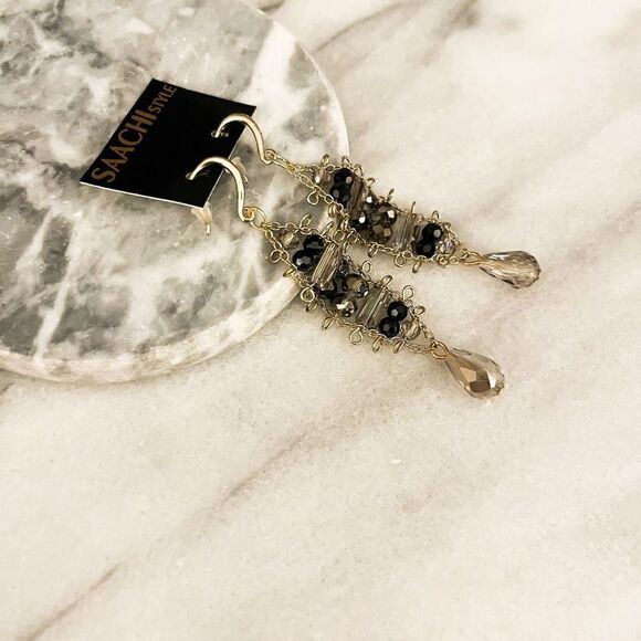 Saachi Style Glass Beaded Earrings Black Smokey Gray Teardrop Gold Toned Metal - Picture 3 of 5